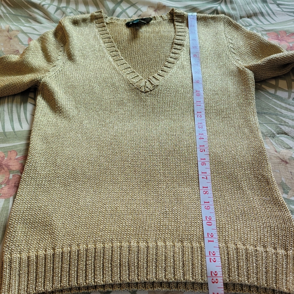 LAUREN Ralph Lauren Gold Metallic V Neck Nautical Sweater 3/4 Sleeve M - Picture 9 of 10